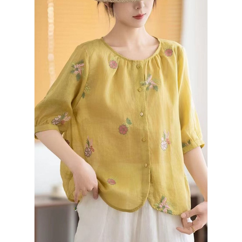Embroidered O-Neck Yellow Linen Summer Tops Fine