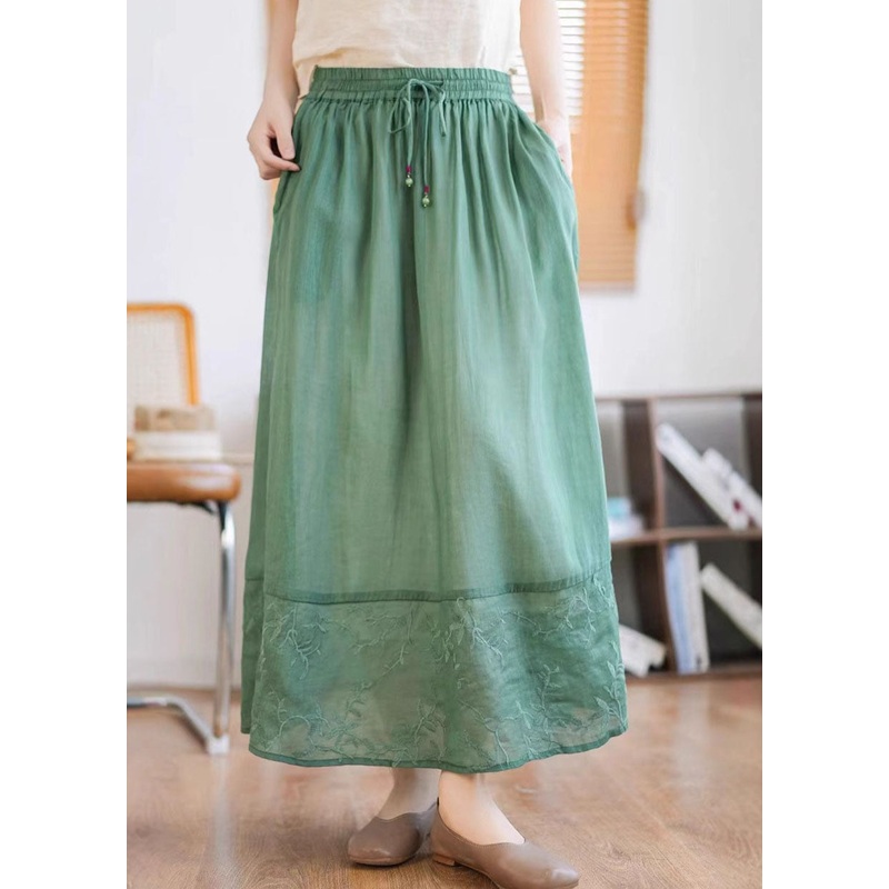 Embroidered Unique Linen Patchwork Skirt Summer Green