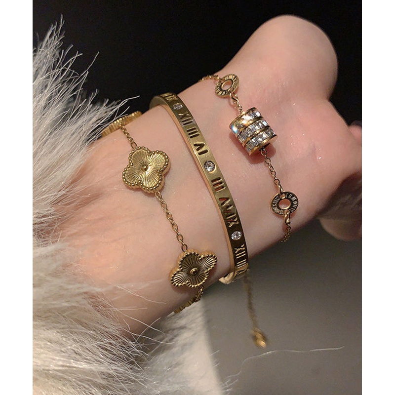 Gold Alloy Four Stainless Zircon Vogue Clover Leaf Steel Graphic