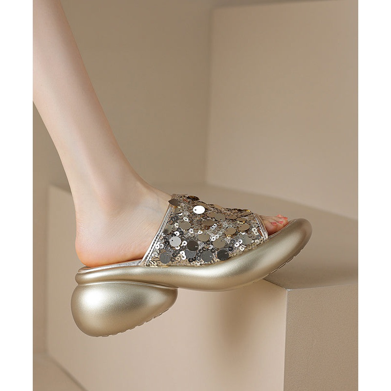 Gold Slide Platform Toe Sandals Peep Sequins Stylish Splicing