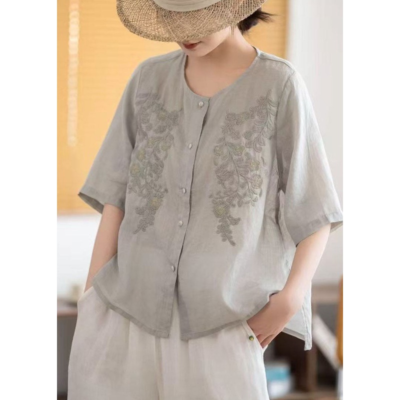 Half Grey Sleeve Boho Linen Embroidered Tops