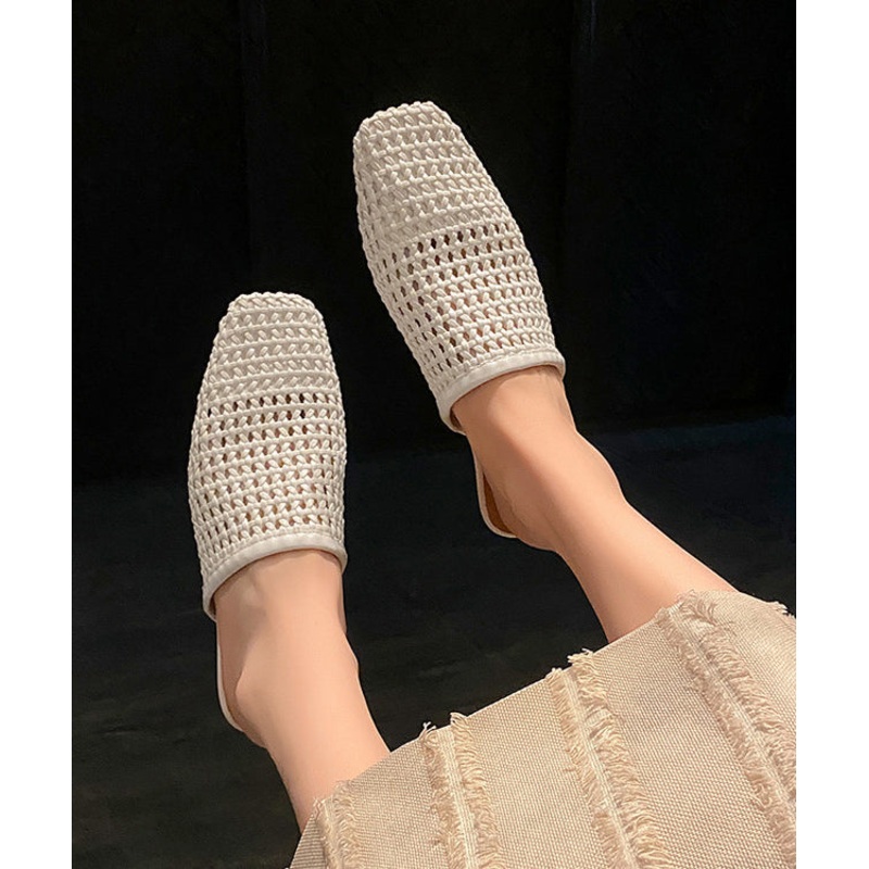 Hollow Slide Out Leather Sandals Faux Weave Boutique White