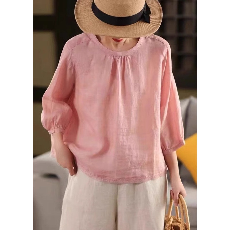 Oversized Bracelet Patchwork Bohemian Pink Sleeve Shirts Linen