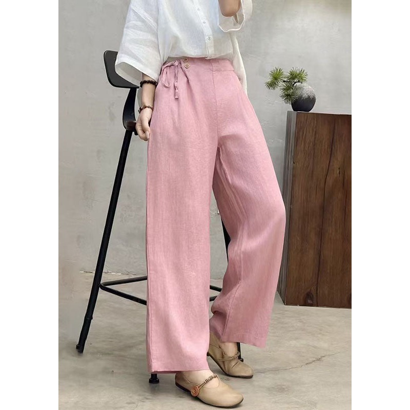 Pink Tie Pants Waist Linen Fashion Summer Side