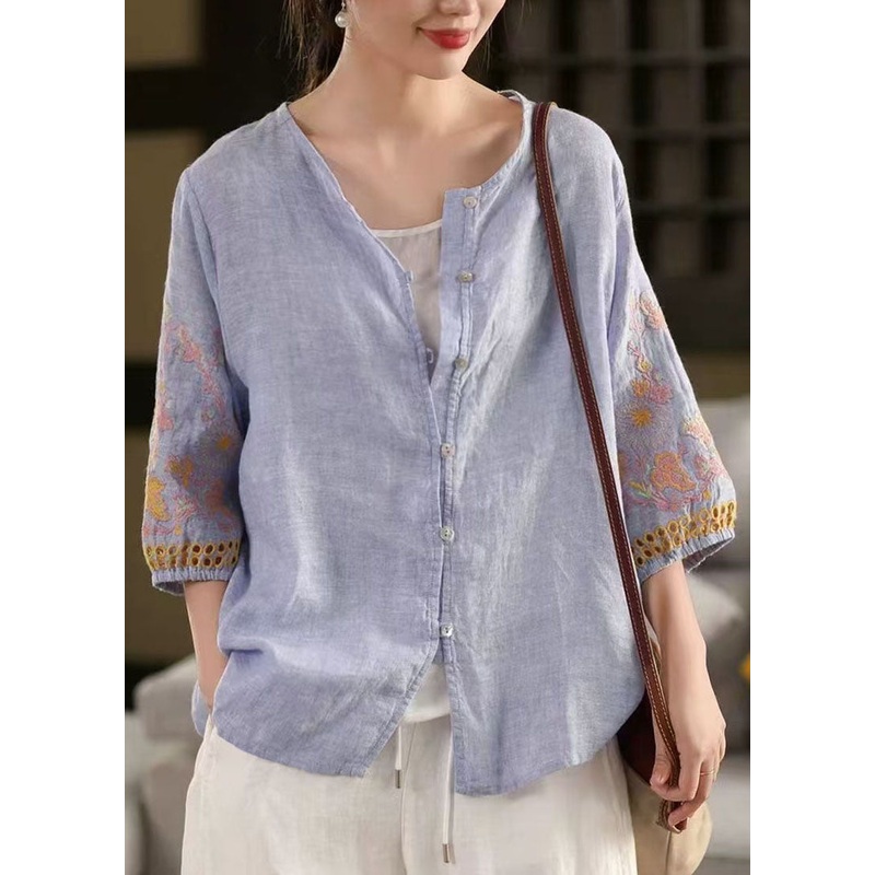 Sleeve Bracelet Tops Sky Blue Linen Embroidered Oversized