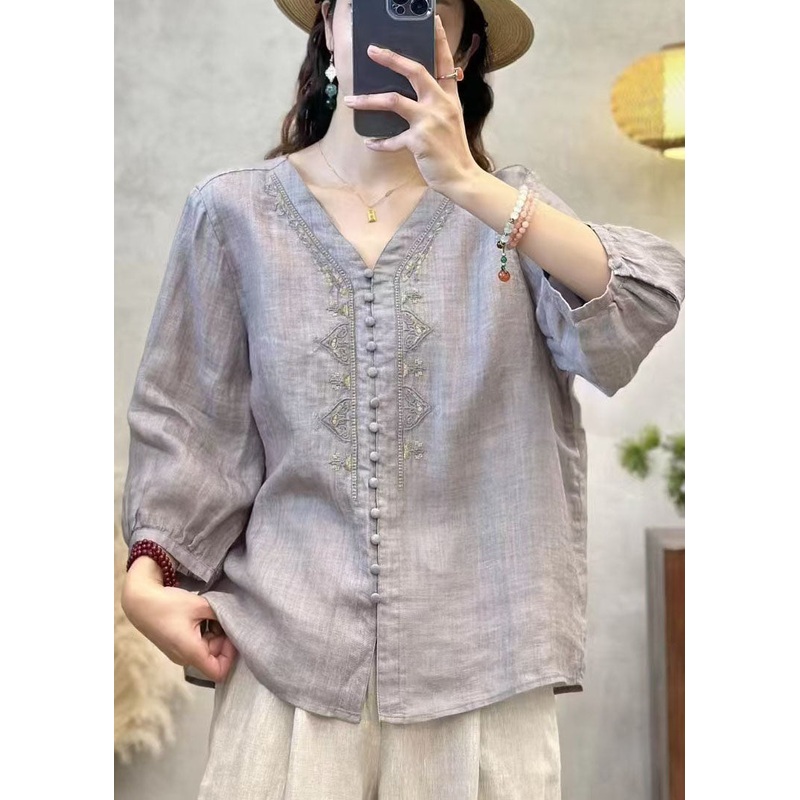 Sleeve Neck Bracelet Embroidered Elegant V Linen Shirts Grey