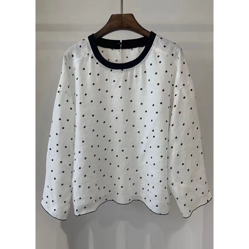 Style Fall Dot Oversized Cotton Tops Blouse White