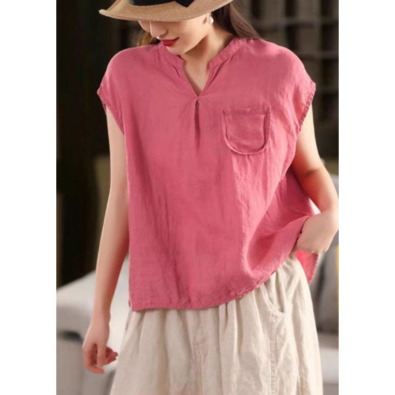 Summer V Pocket Neck Tops Elegant Rose Linen