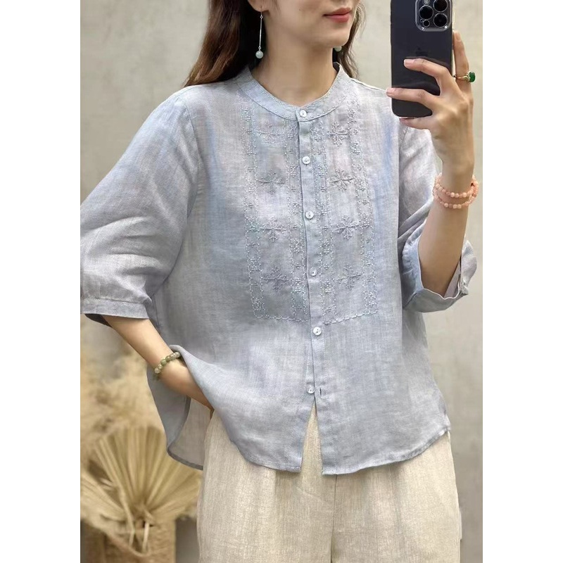 Tops Handmade Linen Sleeve Blue Half Embroidered