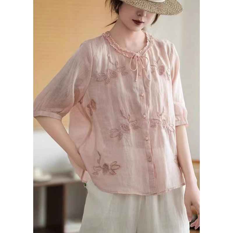 Tops Tie Organic Neck Linen Embroidered Summer Pink