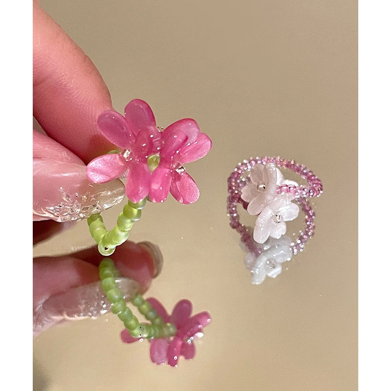 Two-Piece Handmade Beads Colorblock Floral Set Acrylic Rings