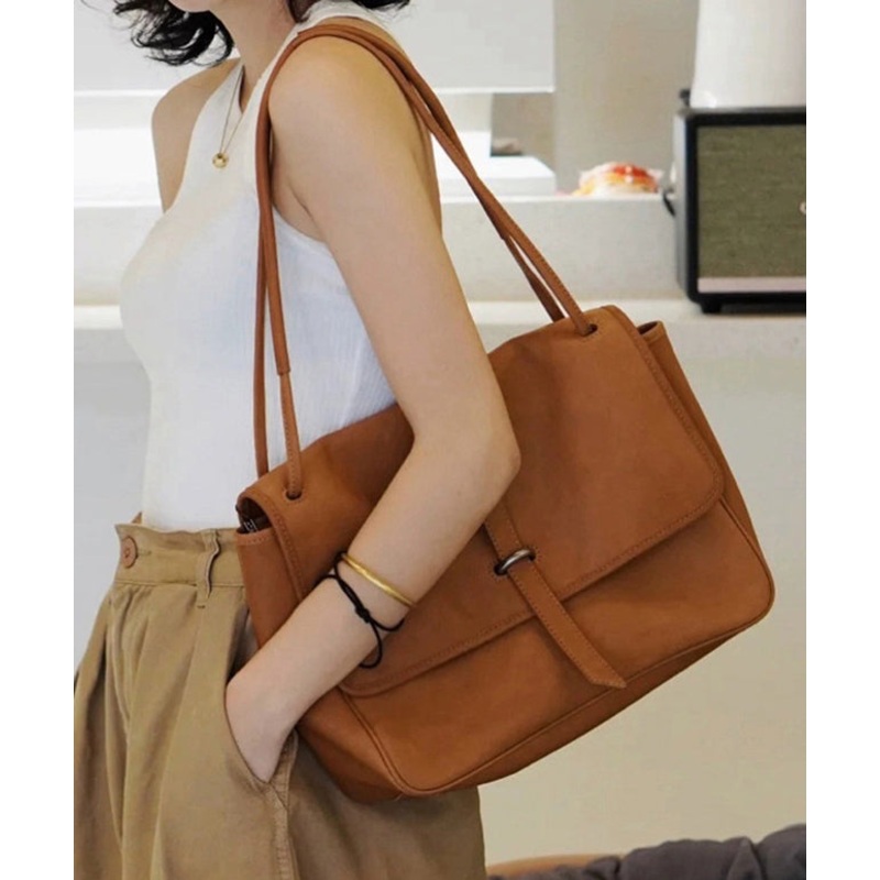 Zipper Leather Brown Bag Solid Shoulder Durable Retro