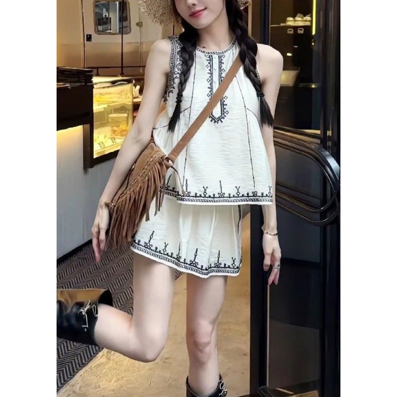 Art Skirts Pieces White Cotton Two And Set Tops Embroidered