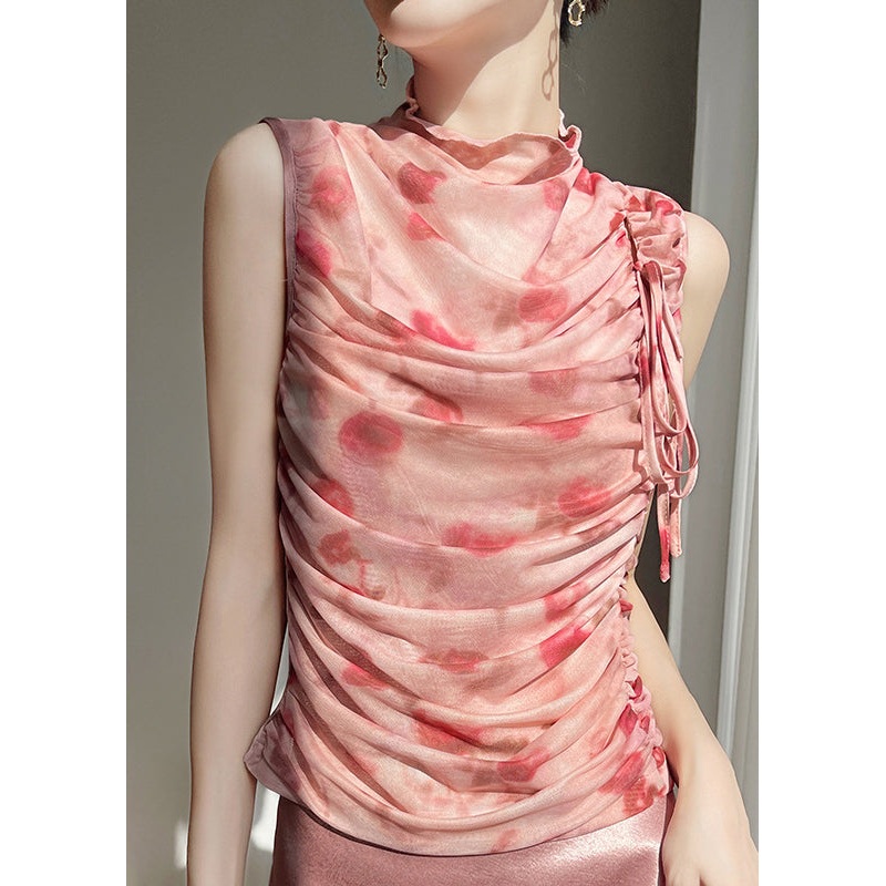 Beautiful Up Tulle Pink Print Tops Lace Sleeveless Wrinkled
