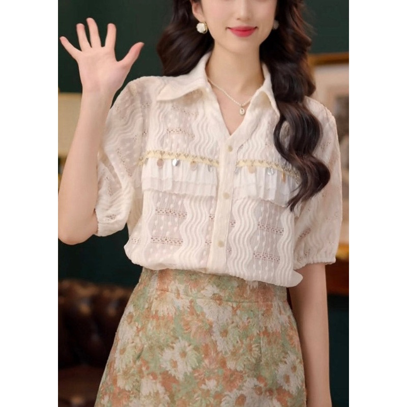 Beige Hollow Sequins Summer Lace Art Cotton Out Blouses