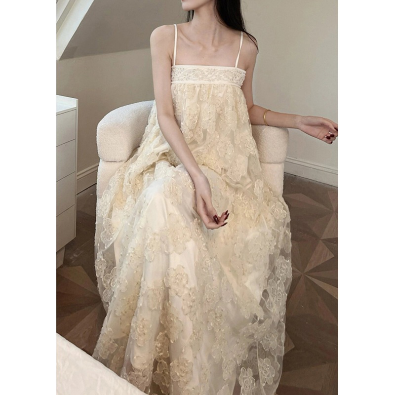 Beige Tulle Dresses Bohemian Embroidered Long Patchwork