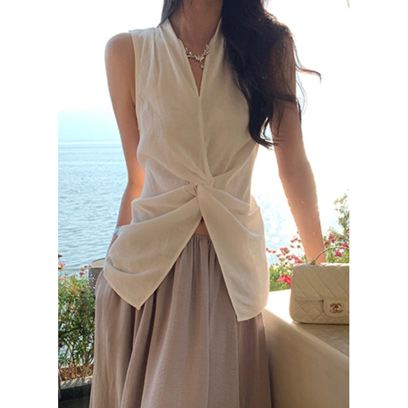 Blouses White Sleeveless Women Neck V Front Cotton Open