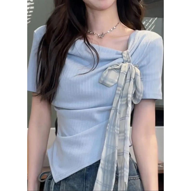 Bow Cotton Shirts T Blue Asymmetrical Summer Art