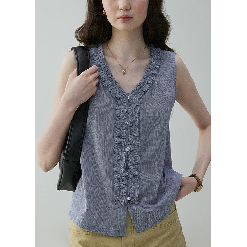 Button Wear On Art Blue Blouses Sides Cotton Ruffled Both