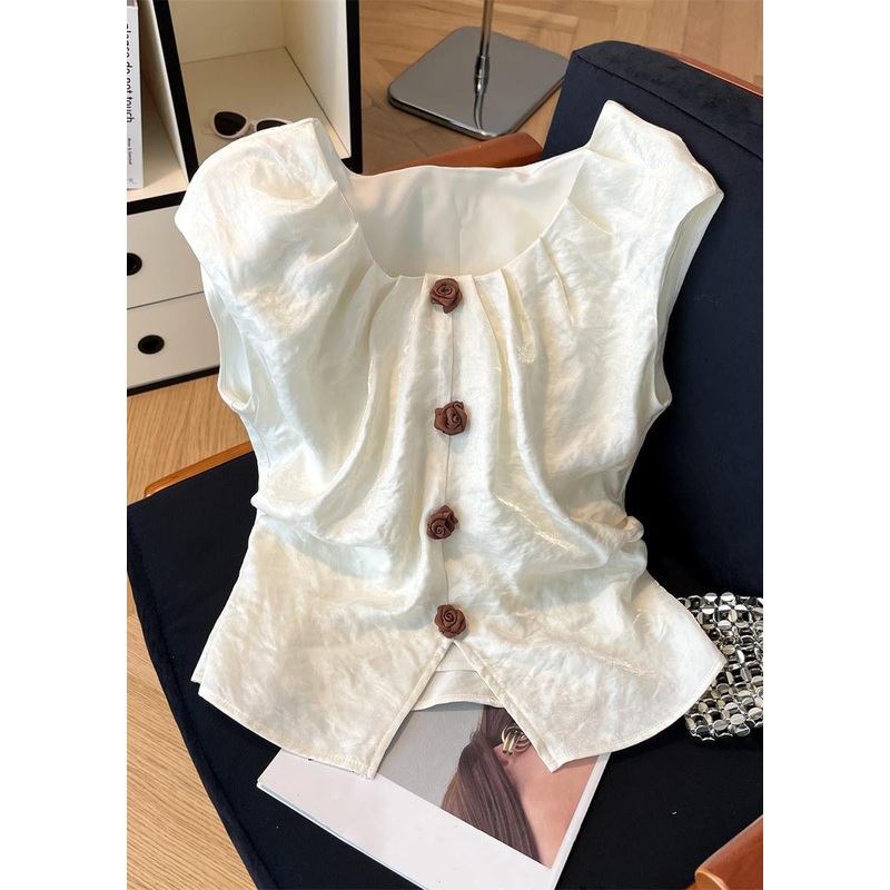 Collar Summer Silk Shirt Square Floral Front Open Beige