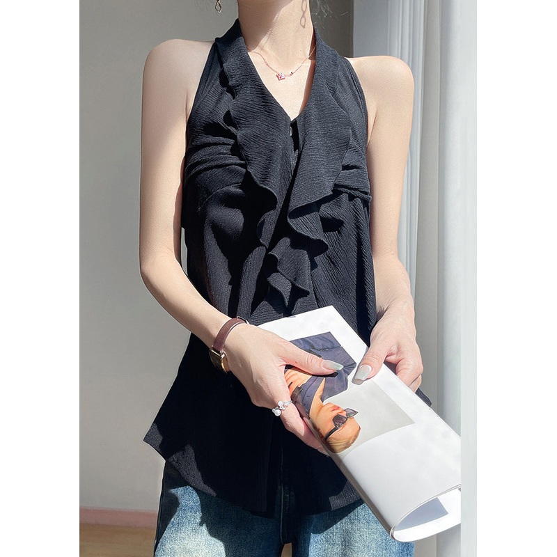 Cotton Black Ruffled Blouses Backless Button Summer