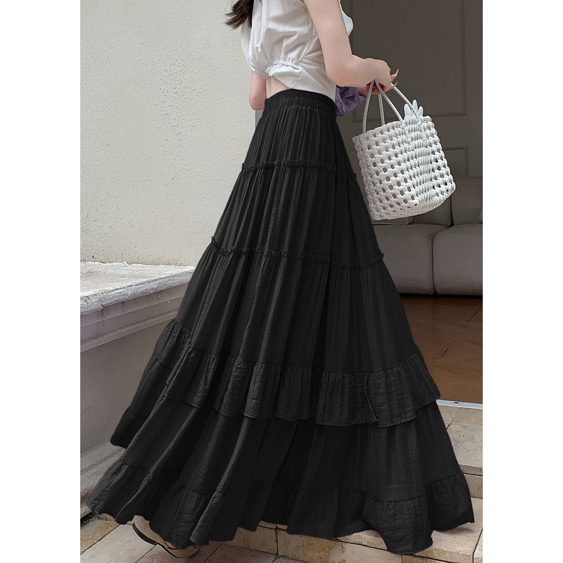 Cotton Hem Exra Waist Black Elastic Large Skirts Wrinkled