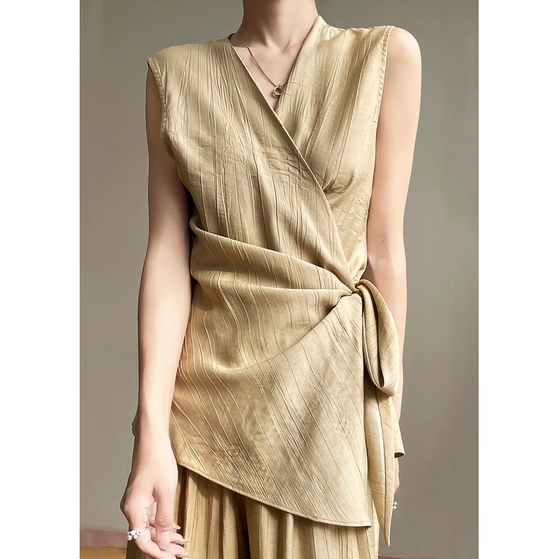 Cotton Khaki Up Neck Sleeveless V Shirts Lace Solid