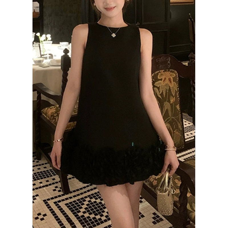 Cotton Solid O Neck Original Summer Design Mini Black Dresses