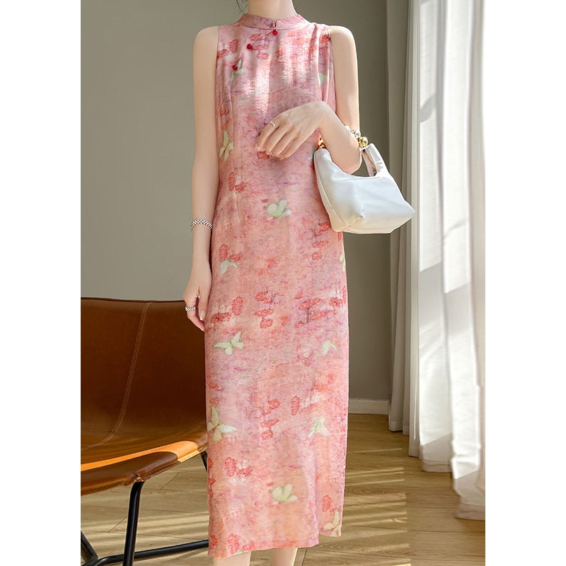 Cotton Stand Long Dresses Silk Button Pink Summer Collar