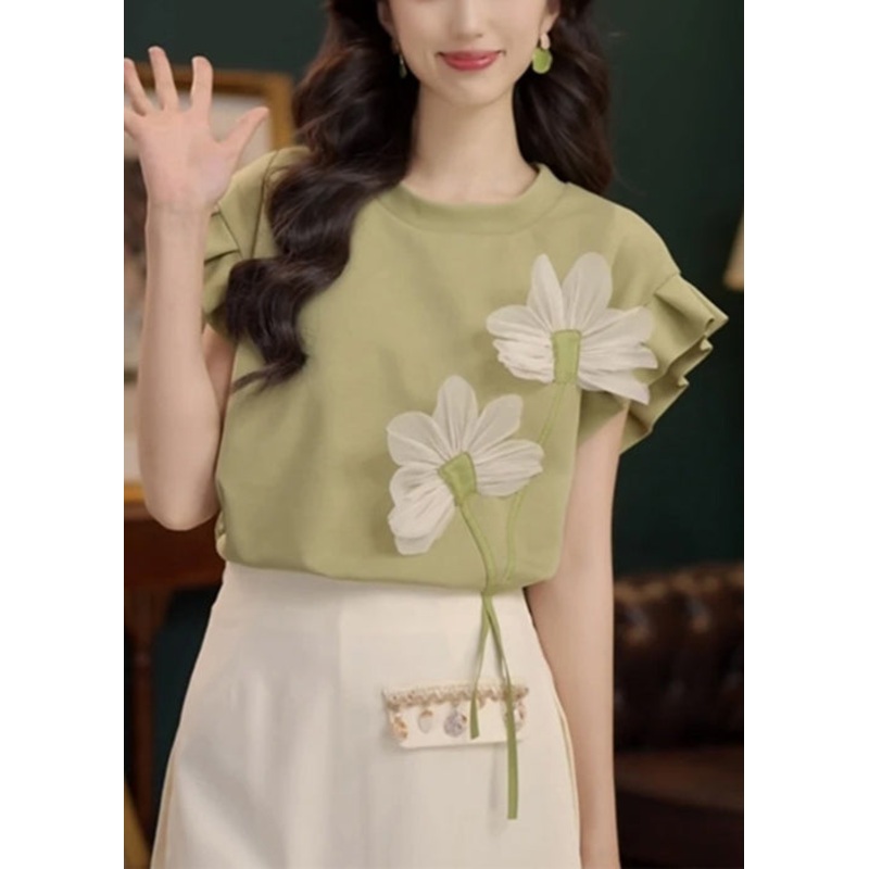 Green Neck Shirt Solid T Patchwork Floral O Cotton Summer