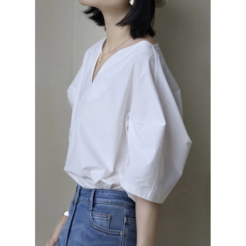 Half Neck Cotton V Solid Simple Sleeve White Shirt