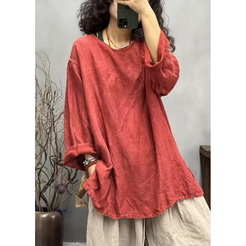 Loose Side Shirts O Red Linen Neck Ppen Fall T
