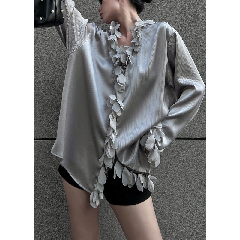 Neck Loose V Solid Cotton Grey Petal Sleeve Blouses
