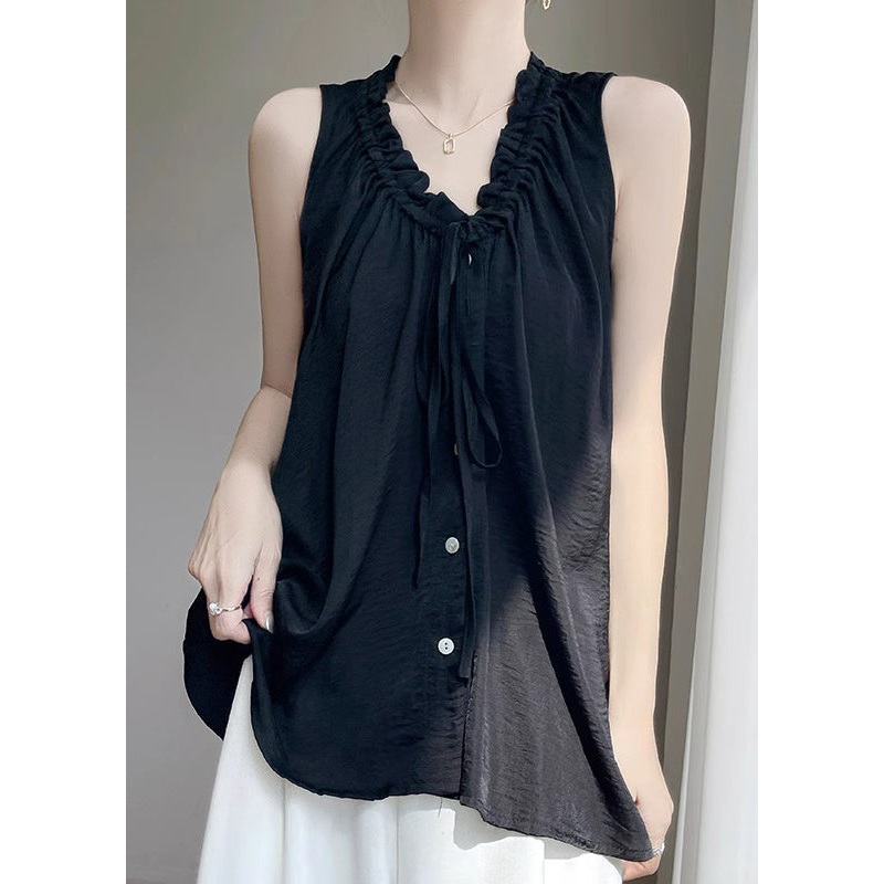 Neck Women Ruffled Blouse Button Black Cotton V Summer