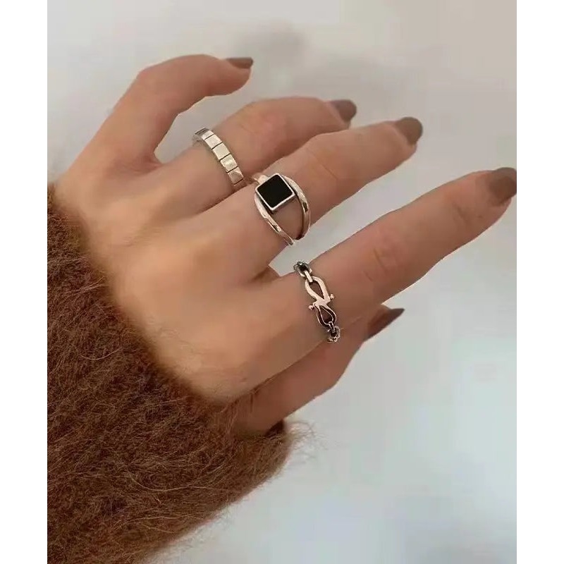 Out Style Rings Agate Hollow Alloy Three-Piece Set
