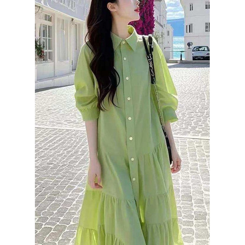 Pan Green Blouses Loose Peter Collar Cotton Wrinkled Button
