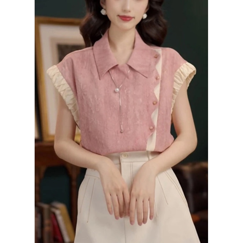 Patchwork Cotton Design Peter Pan Summer Original Pink Blouse