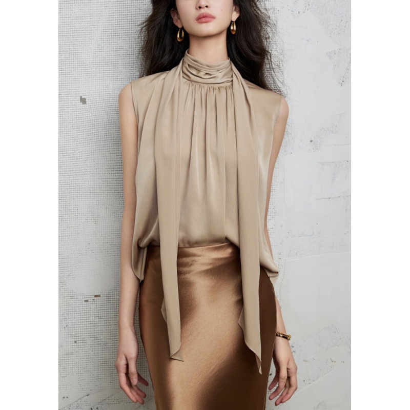 Silk New Sleeveless Shirt Bow Wrinkled Khaki