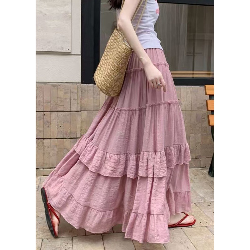 Skirts Waist Cotton Elastic Art Summer Pink Ruffled