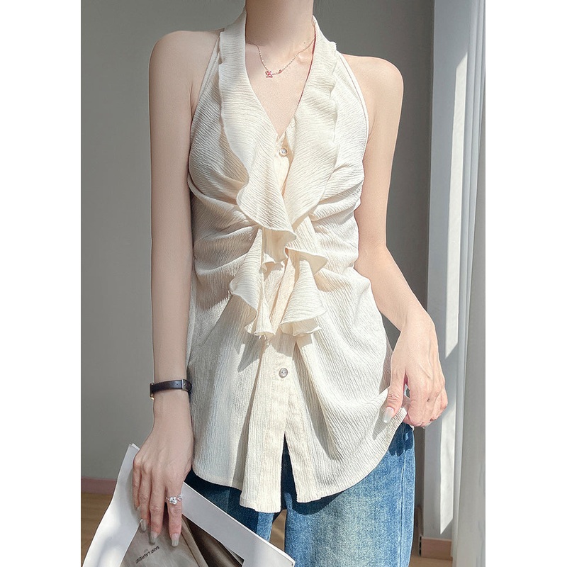 Sleeveless Cotton Beige Shirts Stylish Button Ruffled