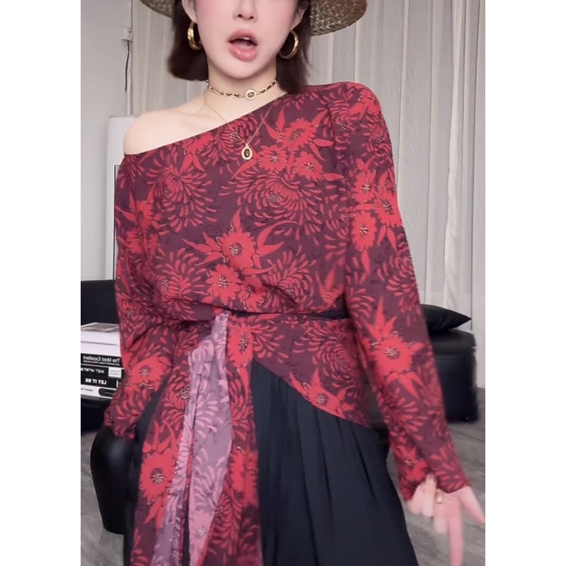 Tie Shirts Cotton Fall Print Stylish Red Asymmetrical Waist
