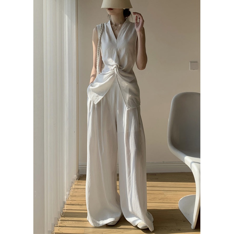 Two And Front Open Pants Tops White Wide Leg Neck New Cotton V