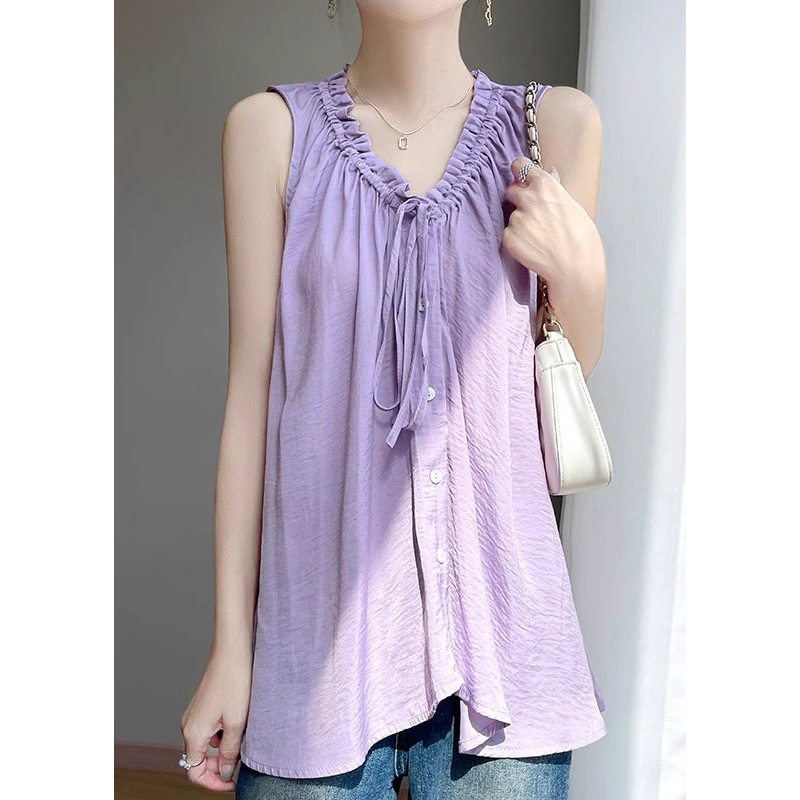 Up Lace Summer Solid Purple Blouses Cotton Ruffled