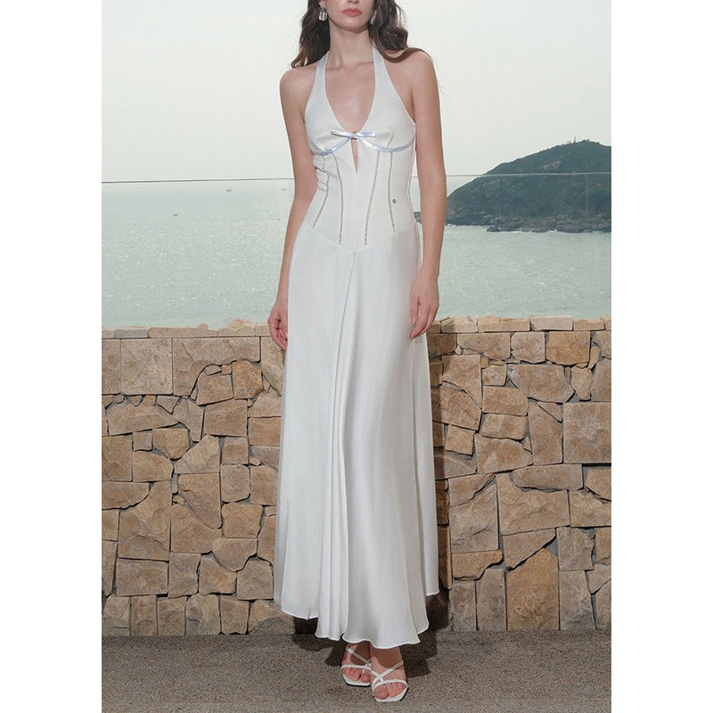 V Lace Summer Hollow White Out Cotton Dress Neck Up Long