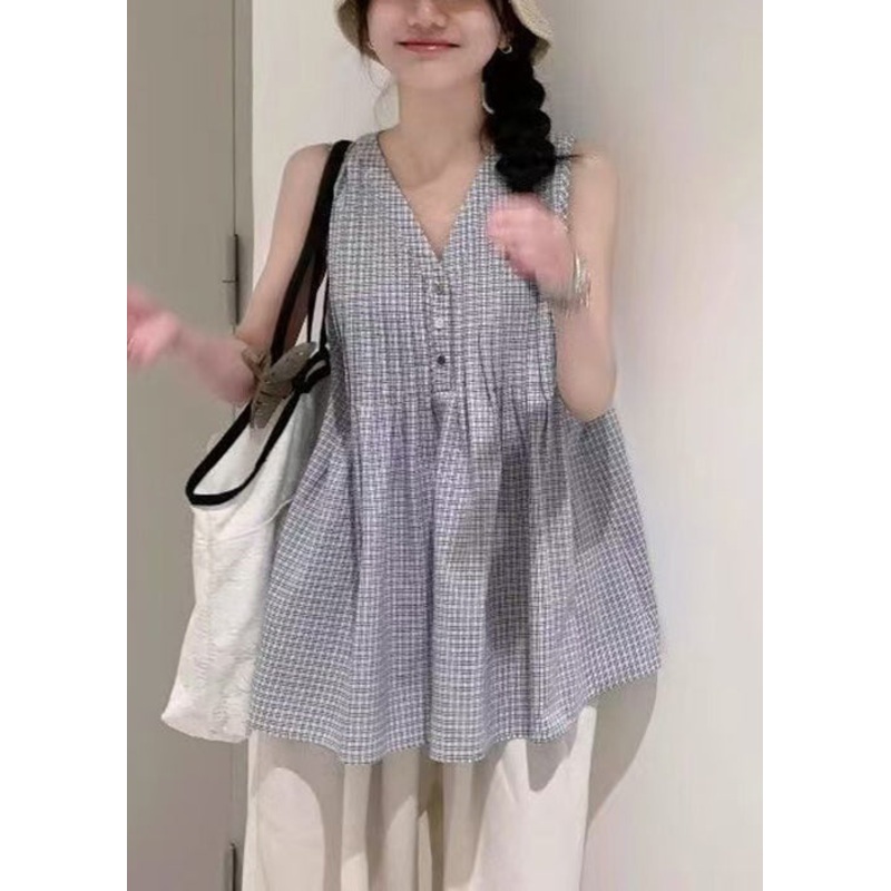 V Sleeveless Wrinkled Neck Plaid Shirts French Cotton