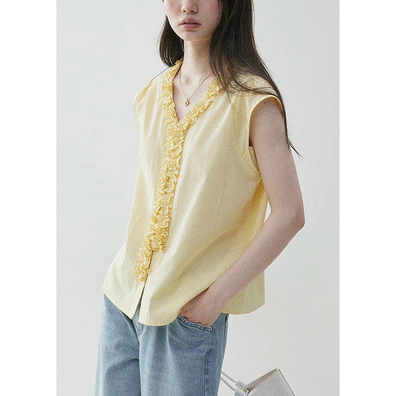V Yellow Summer Ruffled Cotton Shirt Neck Elegant