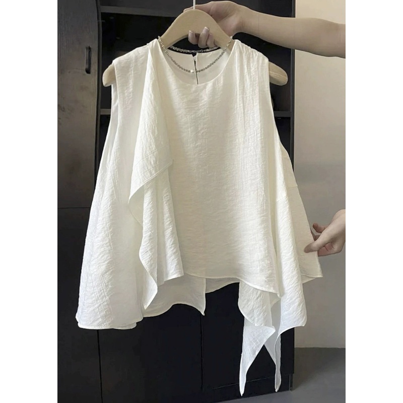 White Sleeveless Shirts Cotton New Asymmetrical O Neck