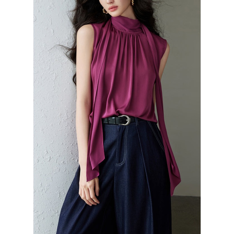 Wrinkled Blouses Button Summer Rose Bow Solid Silk