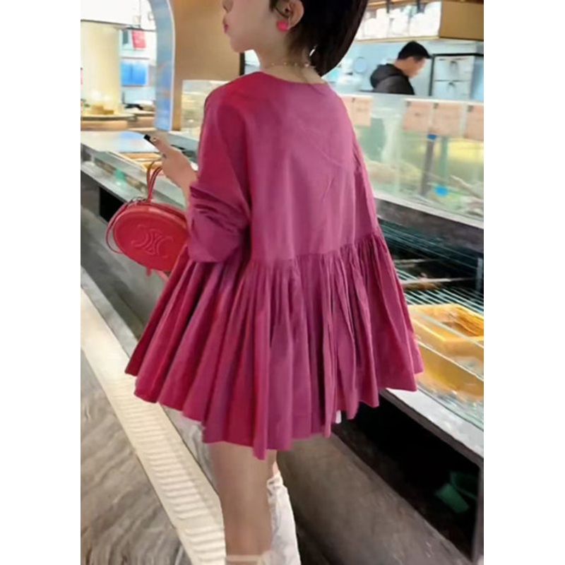 Wrinkled O Cotton Solid Women Neck Rose Shirts Fall