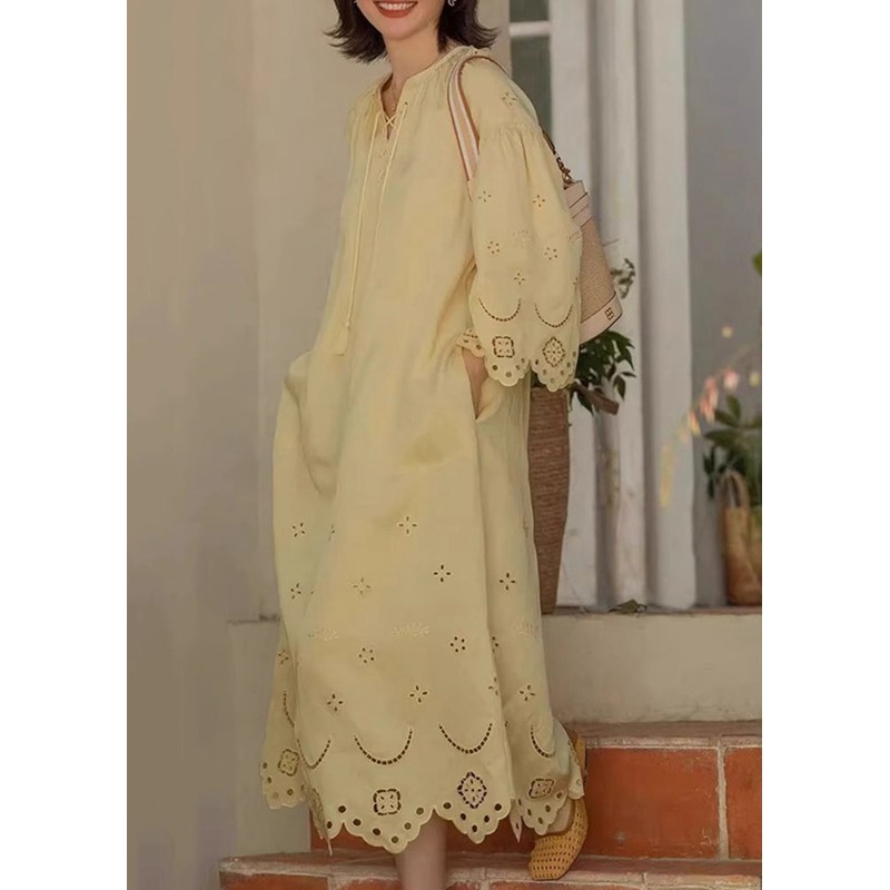 Yellow Fall Cotton Lace Dresses Long Original Up Hollow Out